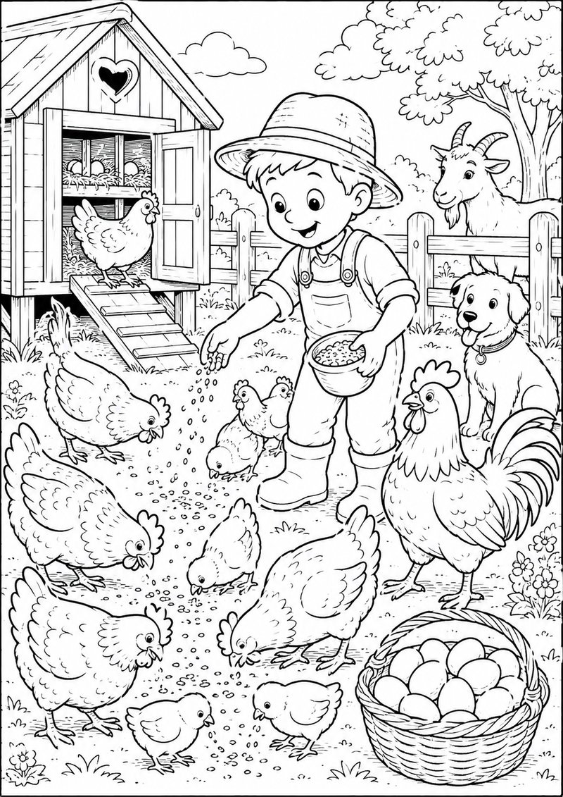 Granja Para Colorear Alimentando Las Gallinas dibujo para colorear