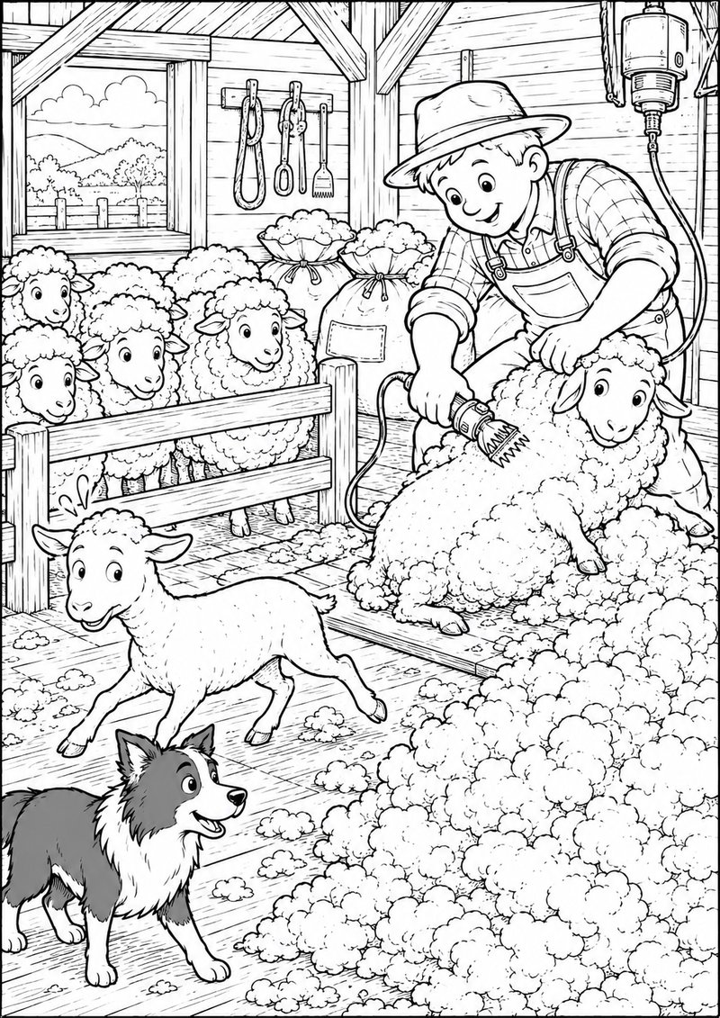 Granja Para Colorear Esquilando Ovejas dibujo para colorear