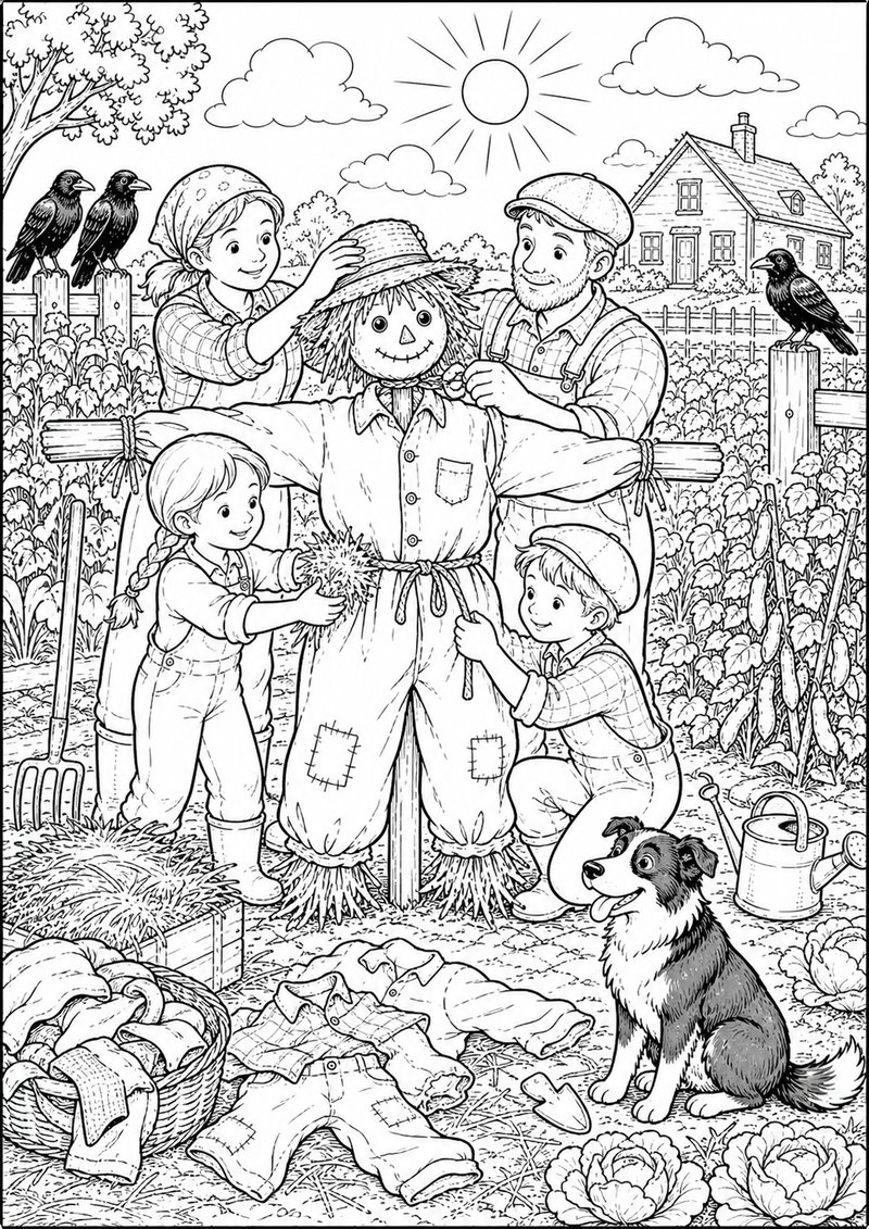 Granja Para Colorear Haciendo Un Espantapájaros dibujo para colorear