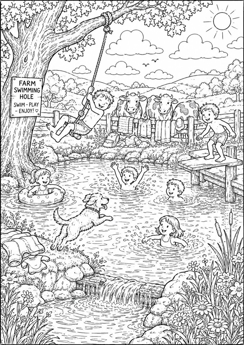 Granja Para Colorear Nadando En El Estanque dibujo para colorear