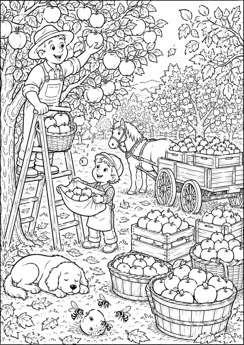 Granja Para Colorear Recogiendo Manzanas dibujo para colorear