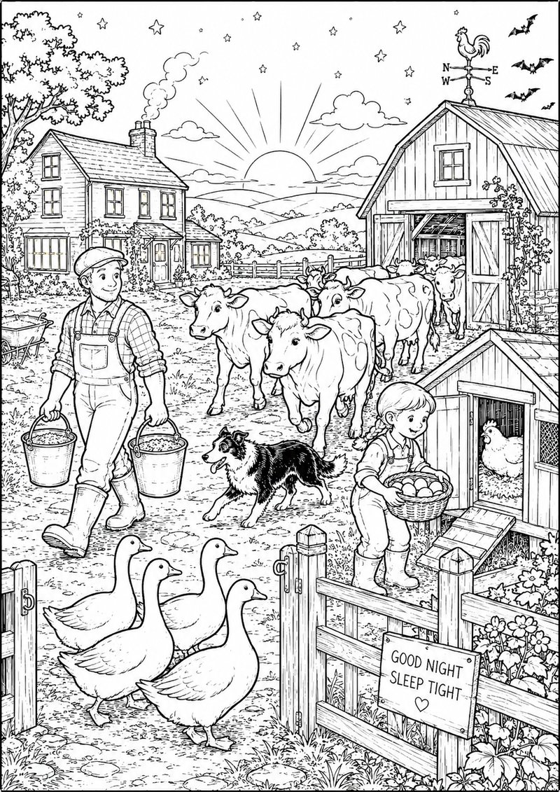 Granja Para Colorear Tareas Del Atardecer dibujo para colorear