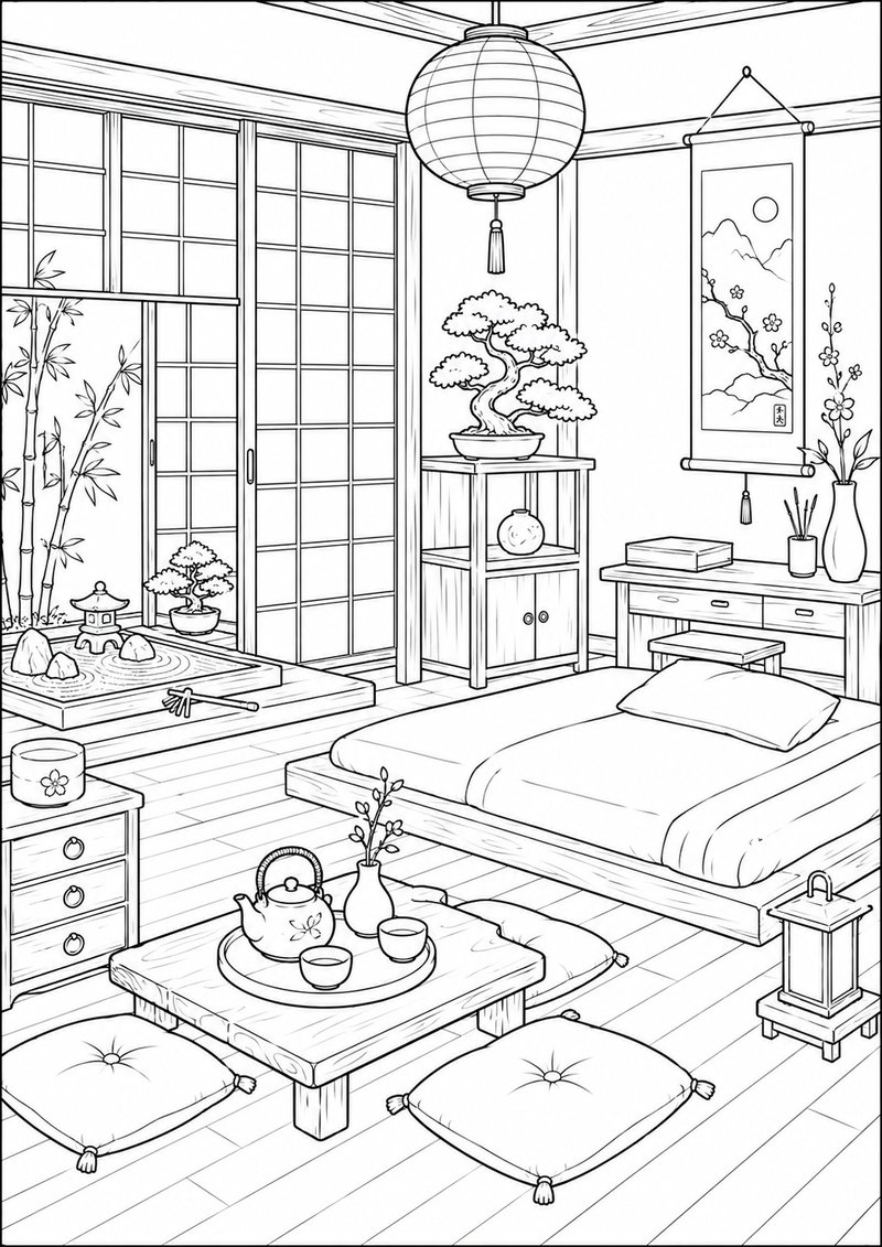 Habitación Estilo Japonés Para Colorear dibujo para colorear