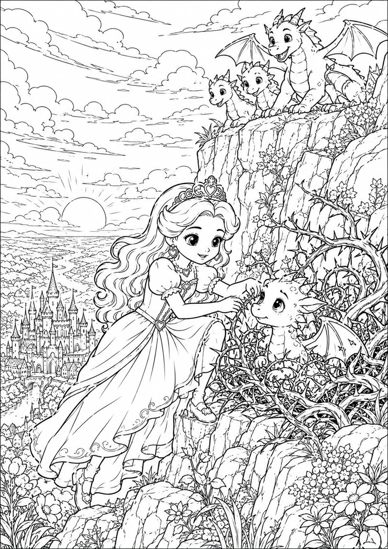 Princesa Salva Al Dragón Para Colorear dibujo para colorear
