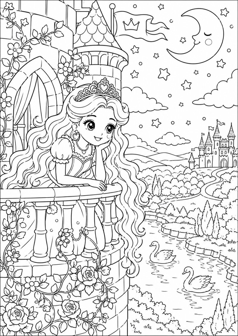 Princesa En El Balcón Del Castillo Para Colorear dibujo para colorear