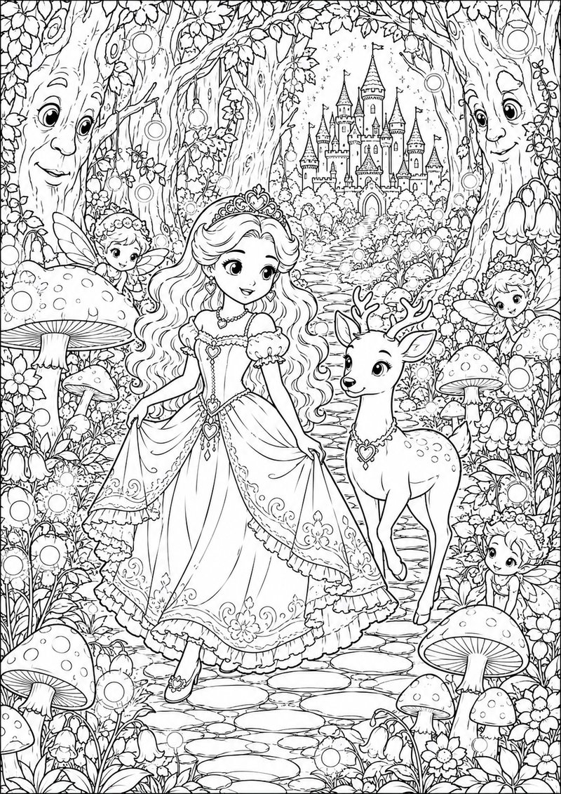 Princesa En El Bosque Mágico Para Colorear dibujo para colorear