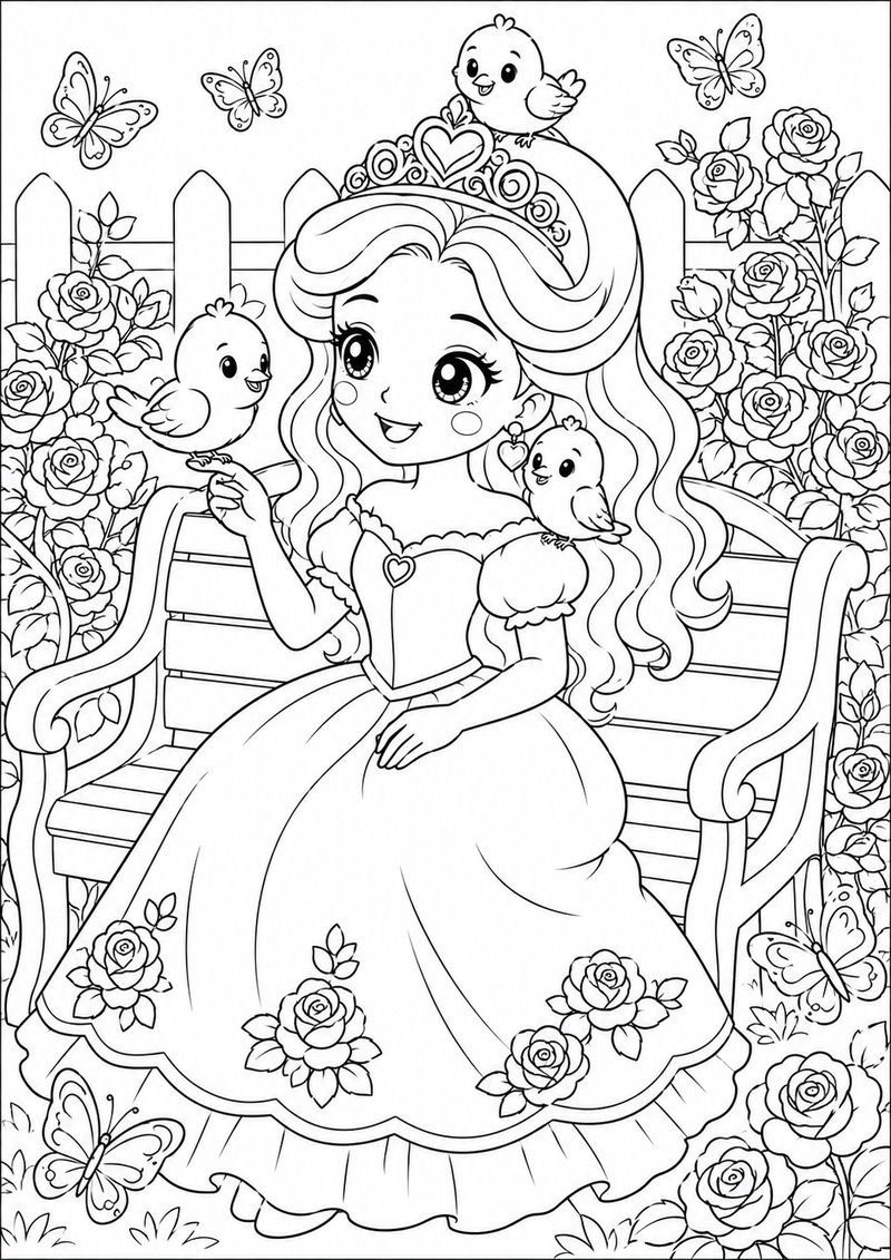 Princesa Y Pájaros Para Colorear dibujo para colorear