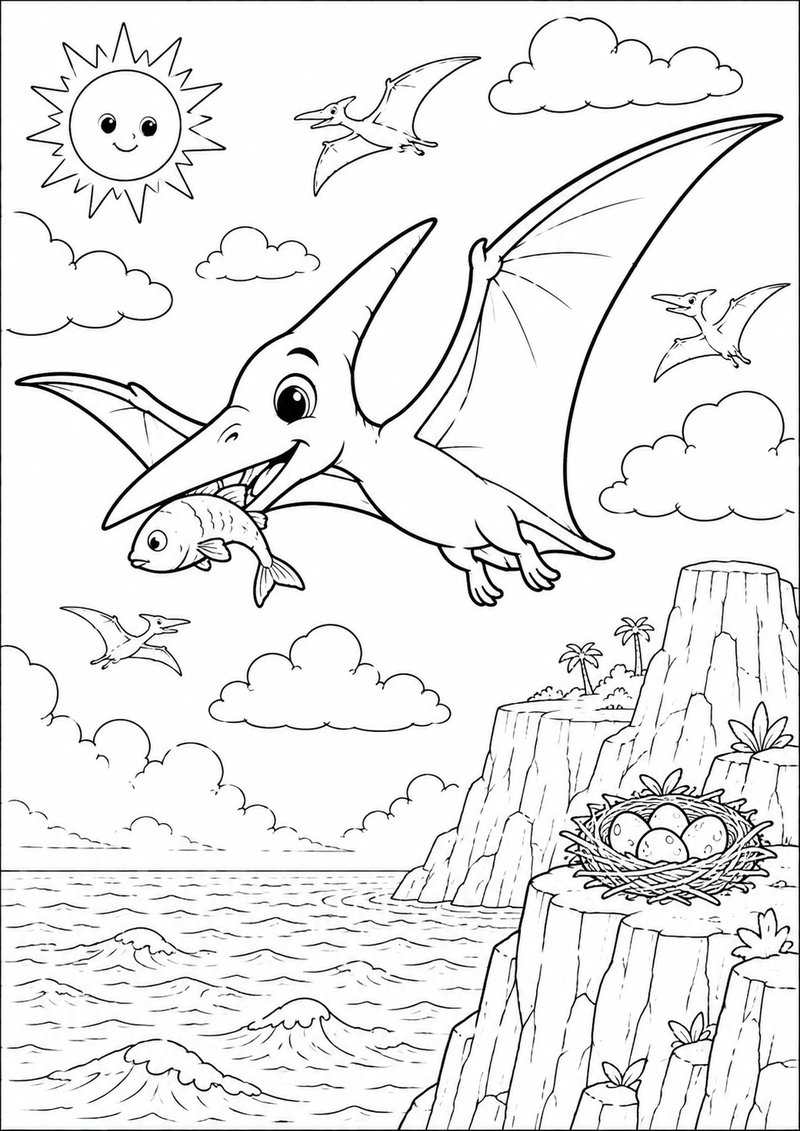 Pterodáctilo Atrapando Un Pez Para Colorear dibujo para colorear