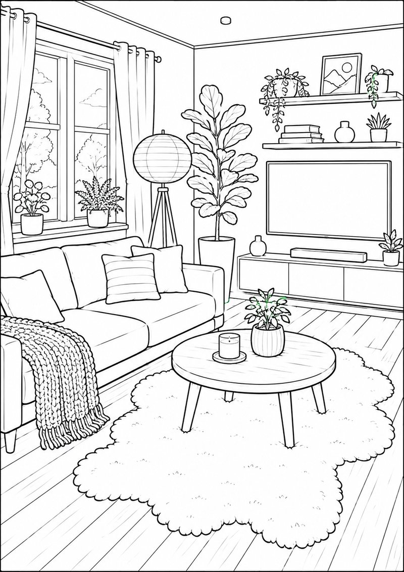 Sala De Estar Estilo Escandinavo Para Colorear dibujo para colorear