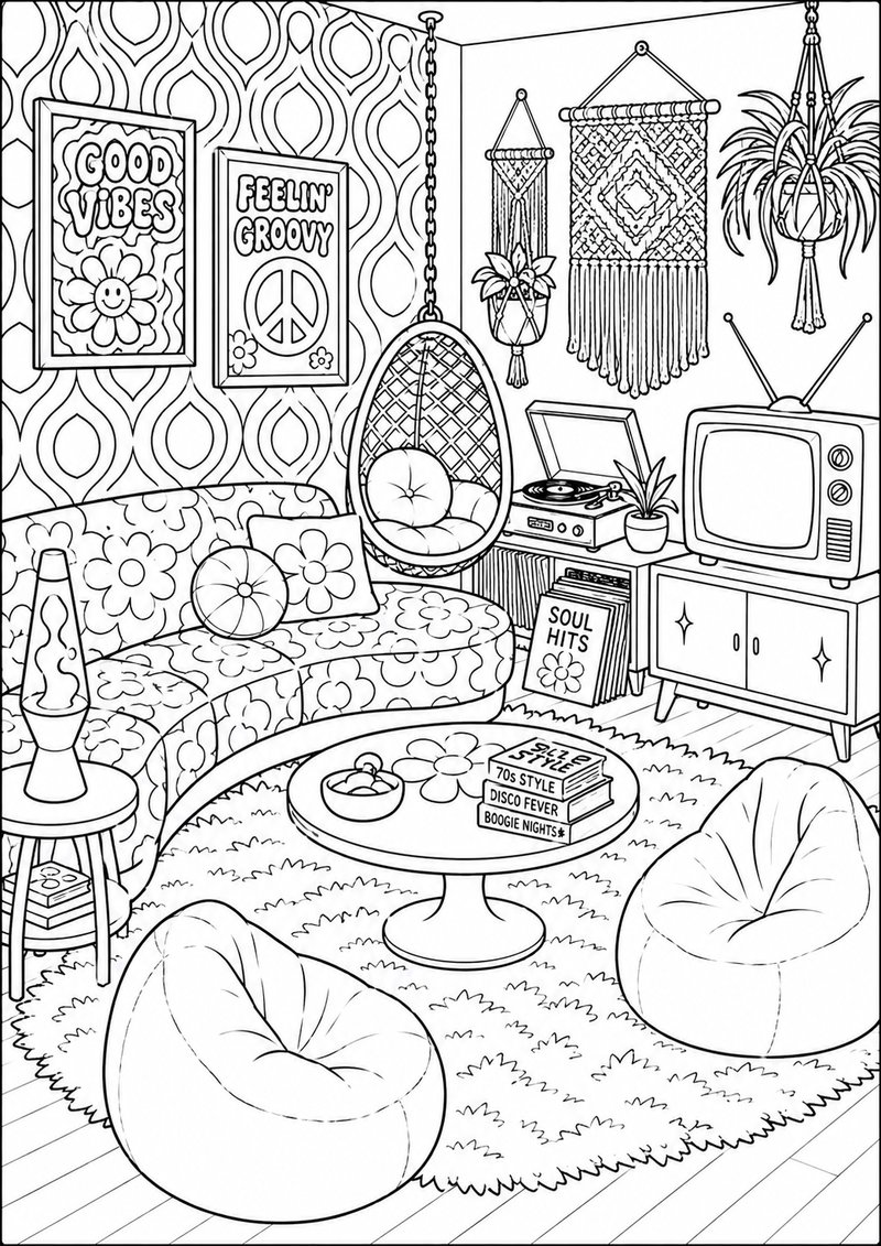 Sala De Estar Retro Para Colorear dibujo para colorear